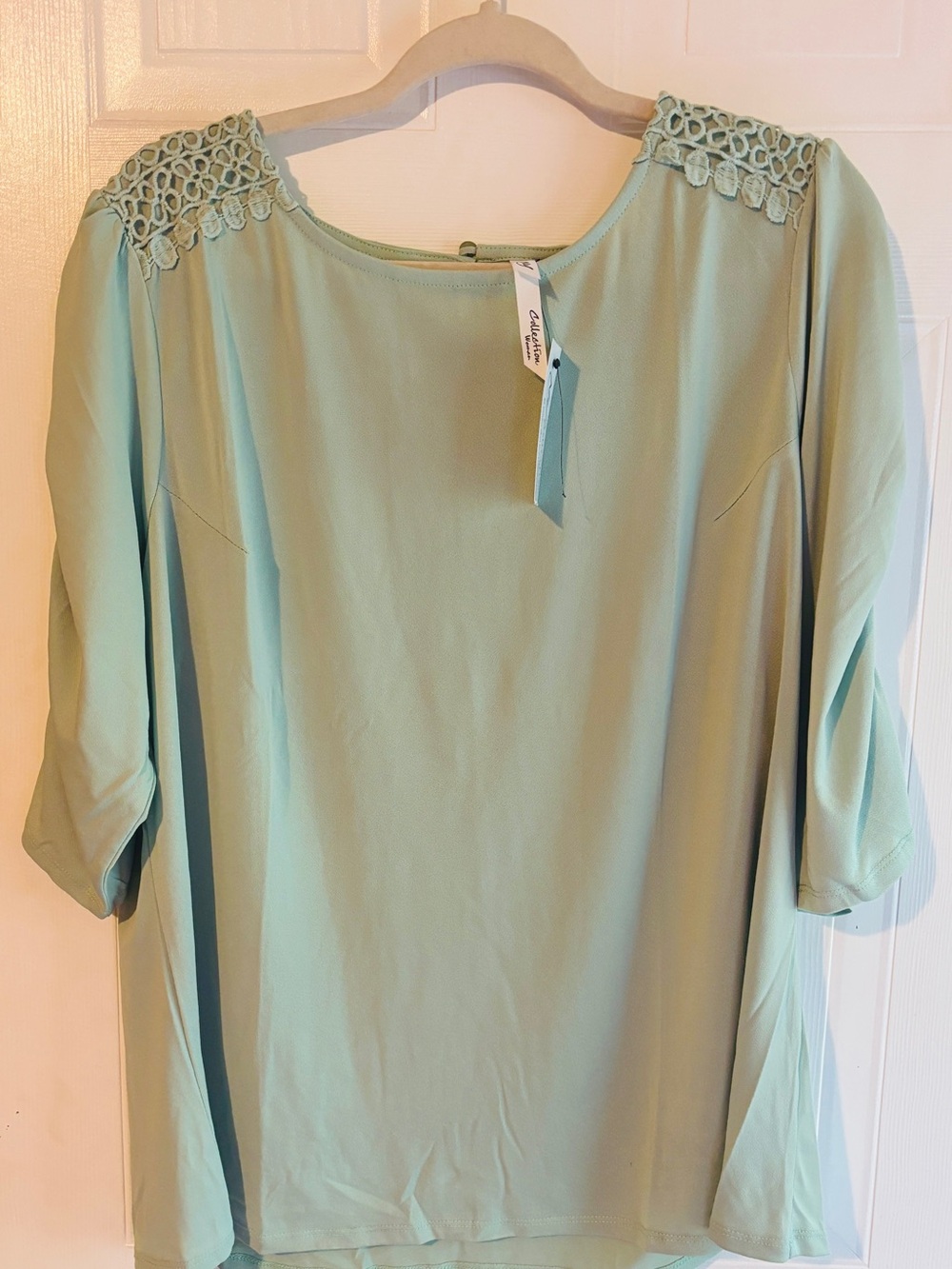 NWT NY Collection Seafoam Crochet Shoulder Blouse | Resort Vacation Top